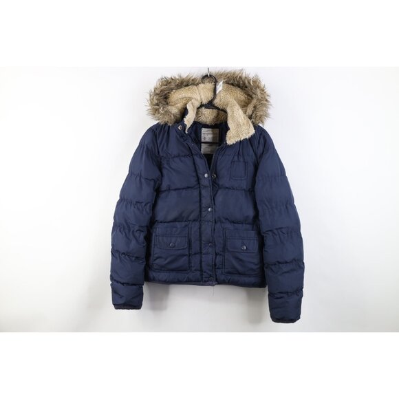 Vtg 90s Y2K Aeropostale Womens M Faded Babydoll Faux Fur Cropped Puffer Jacket